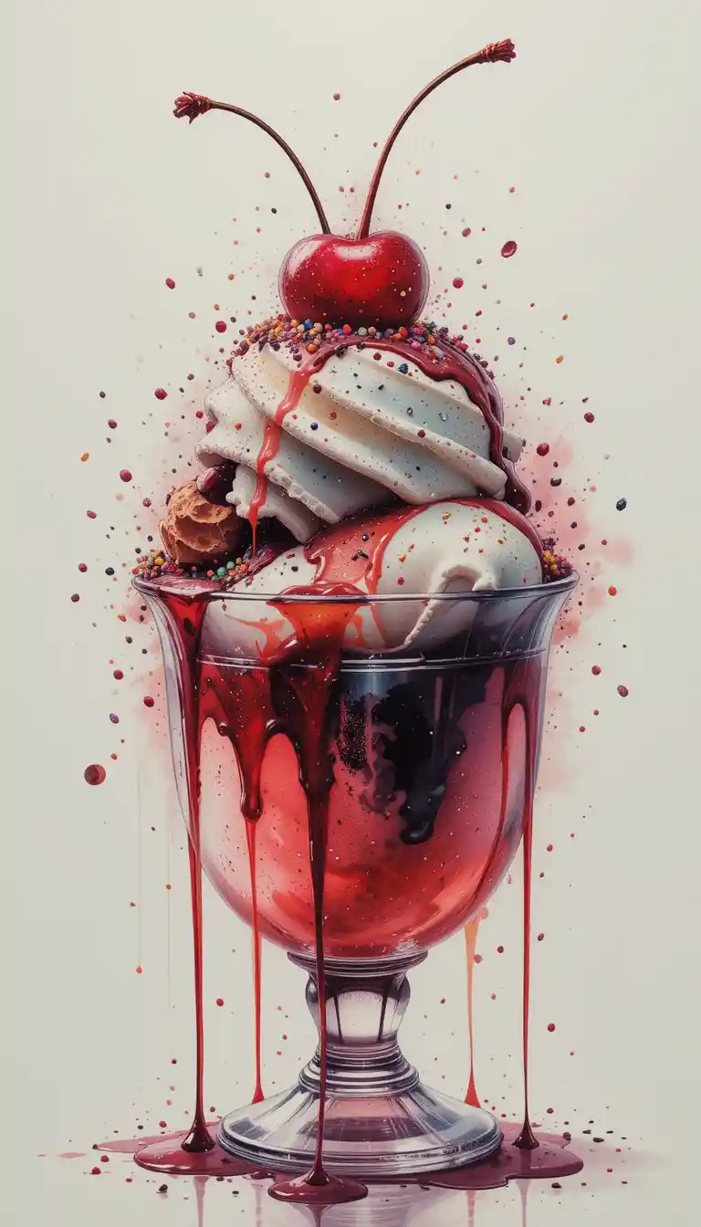 Sundae alla ciliegia con sciroppo che cola e zuccherini