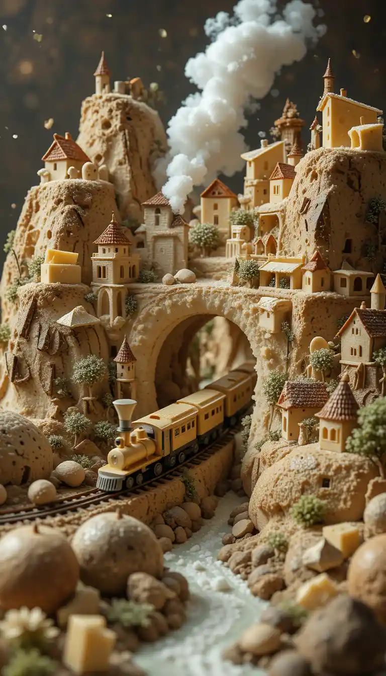 Tiny countryside train town carved into a rustic bread loaf