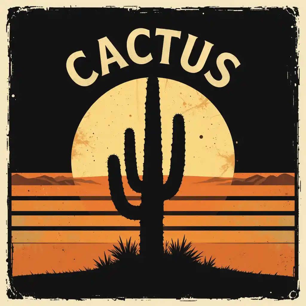 Vintage cactus silhouette against bold retro striped sun
