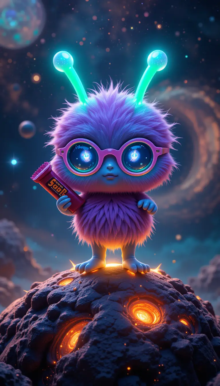 太空中發光小行星上的可愛外星玩具生物