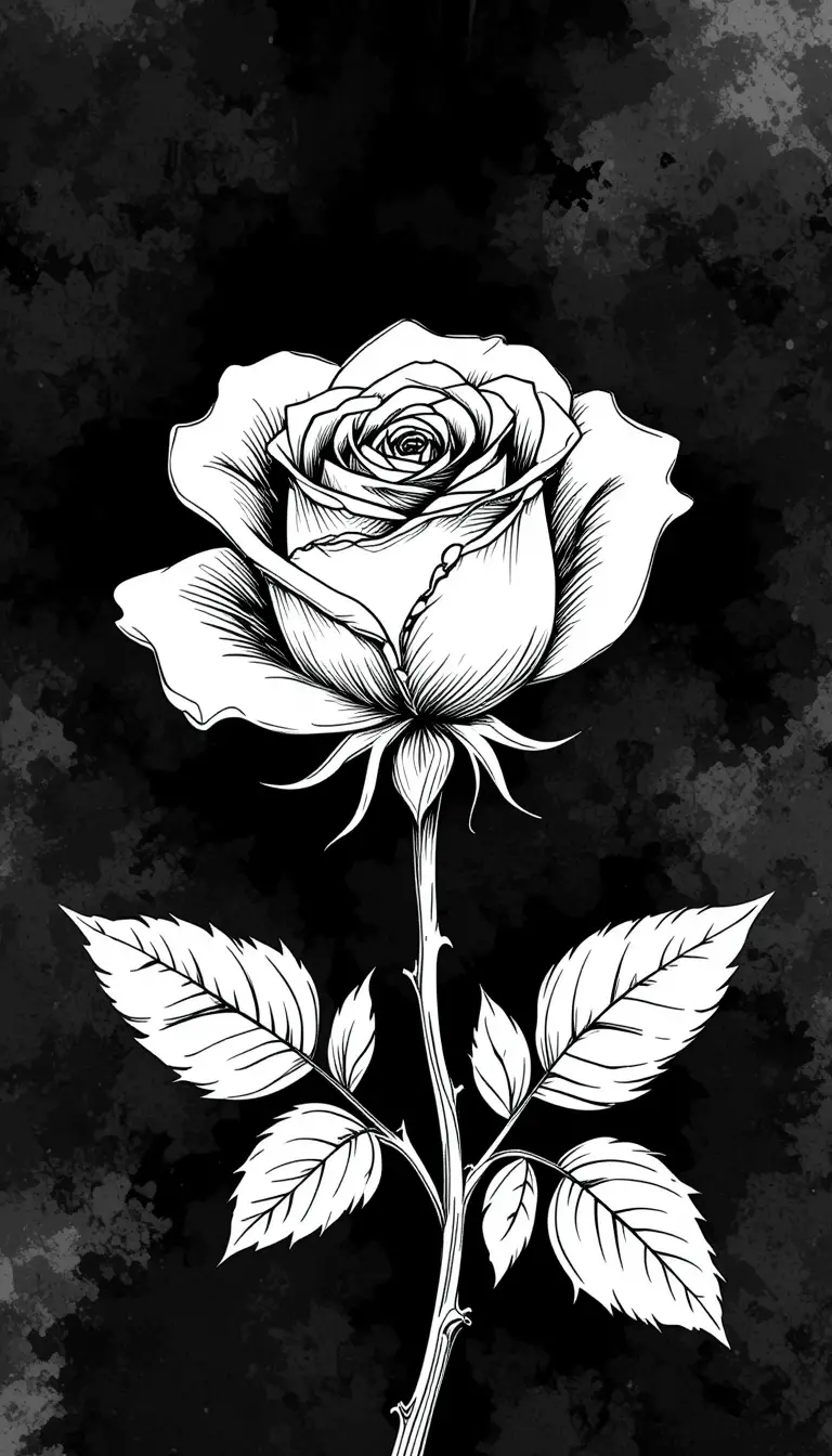 Disegno lineare di rosa bianca su sfondo scuro fumoso