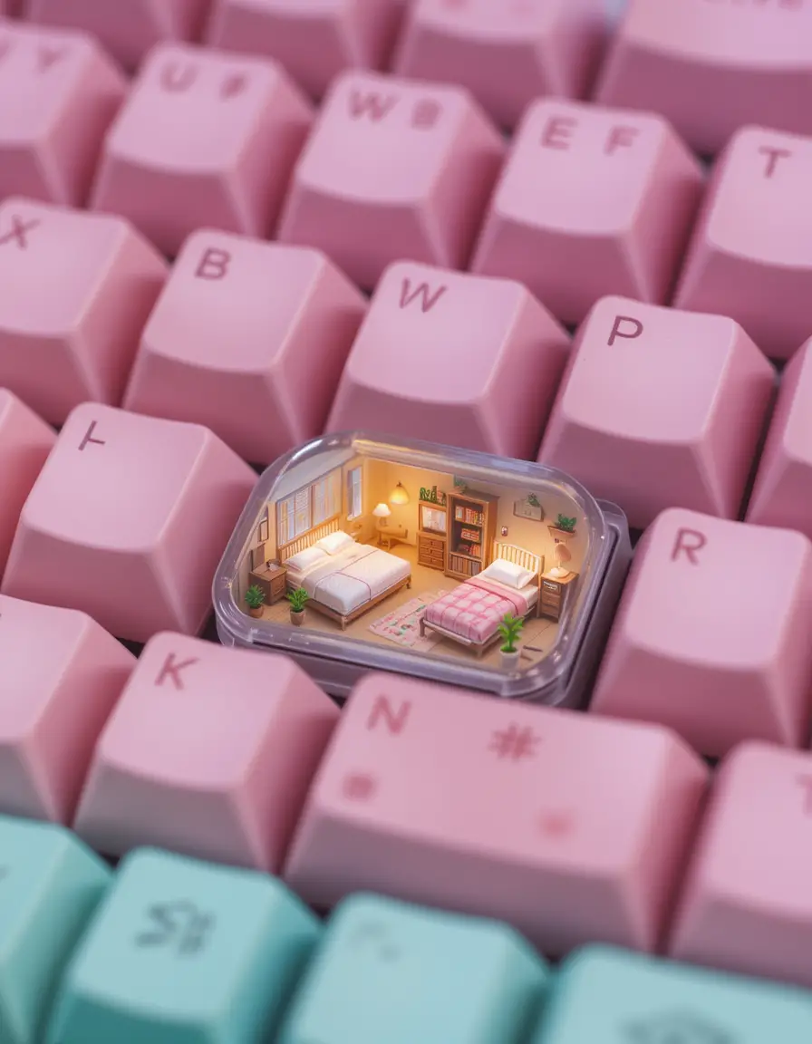 Vista macro de teclado en tonos pastel con keycaps de dormitorio en miniatura