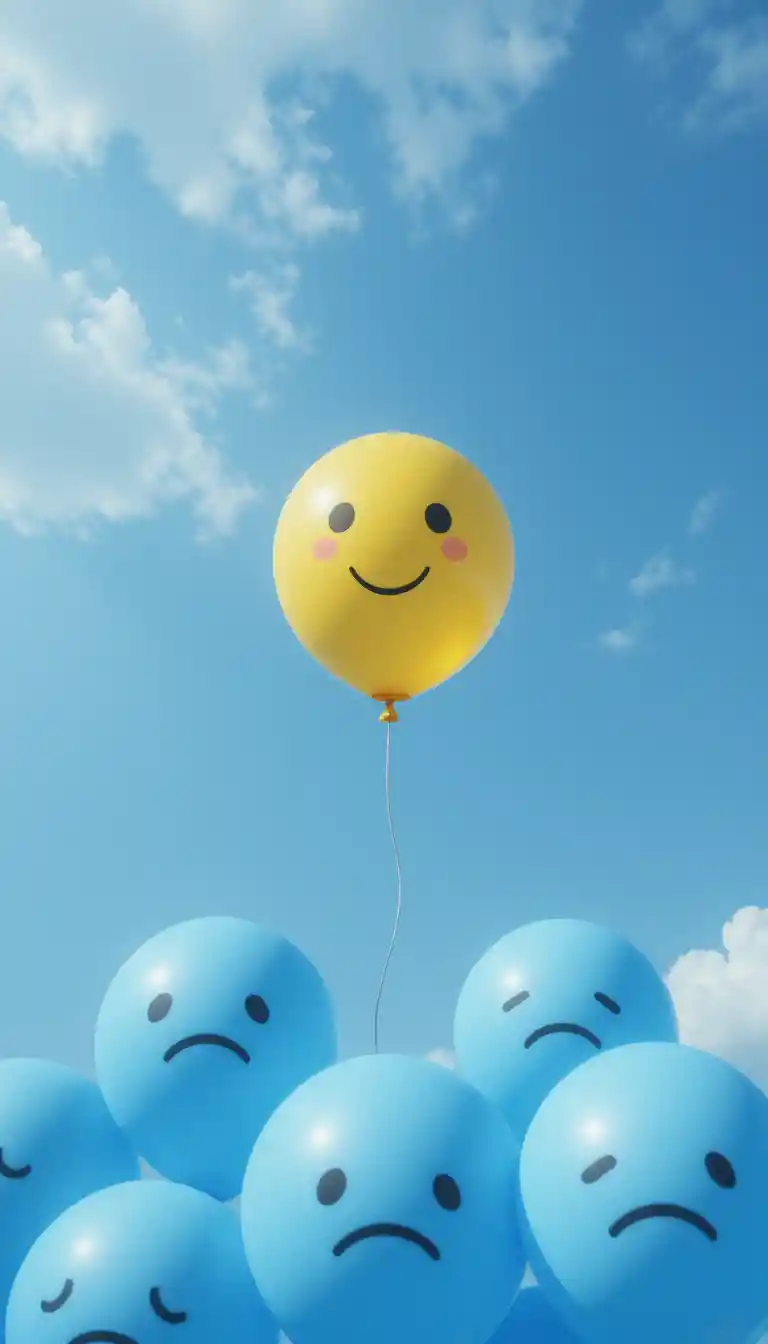 Fröhlicher gelber Ballon schwebt über traurigen blauen Ballons