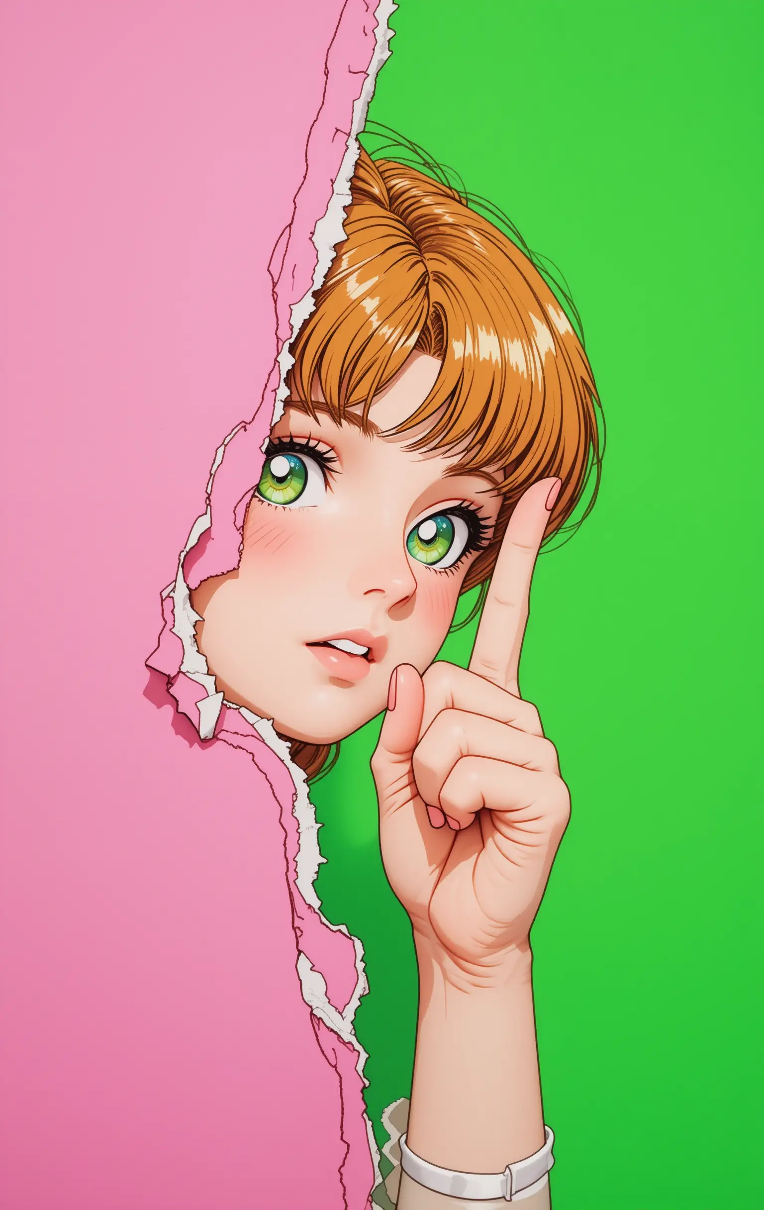 Fille d’anime regardant entre ses doigts à côté d’un papier rose déchiré