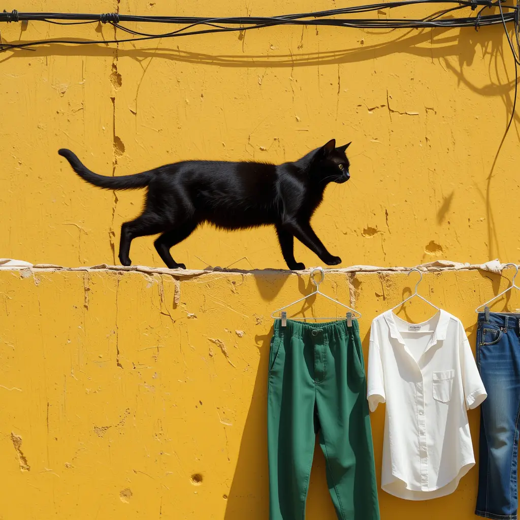 Gatto nero che cammina davanti a un muro giallo soleggiato all’aperto
