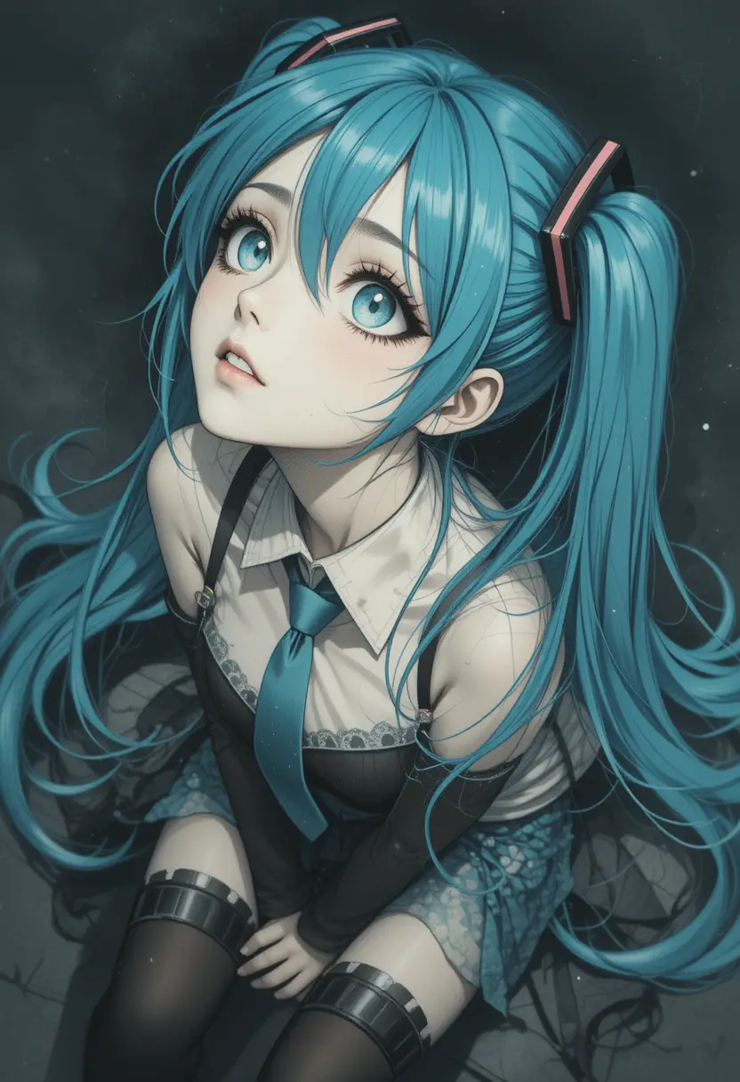 Portrait de fille anime au graphite avec fond sombre et brumeux
