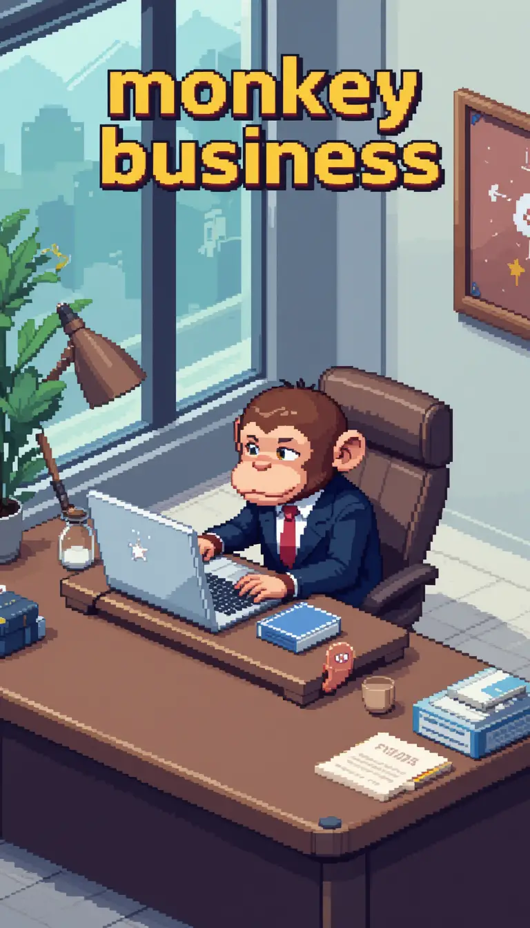 Niedriger Pixelaffe im Anzug am Büroschreibtisch