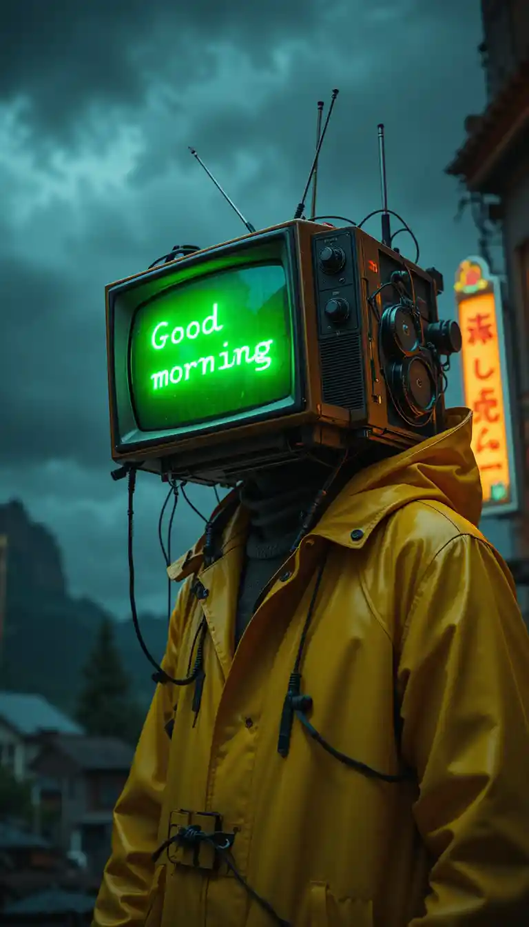 Robot umanoide con testa a forma di TV in impermeabile giallo all'aperto