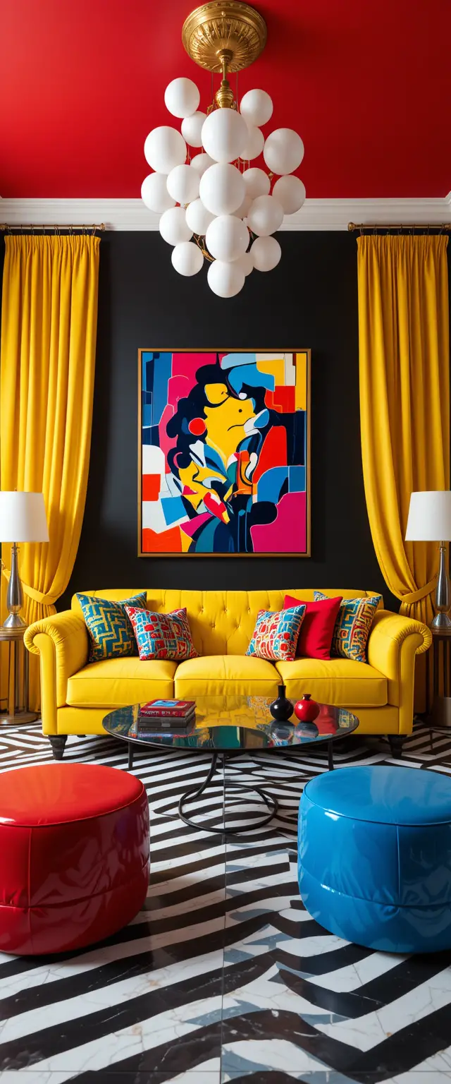 Salon pop art coloré avec audacieux canapé jaune