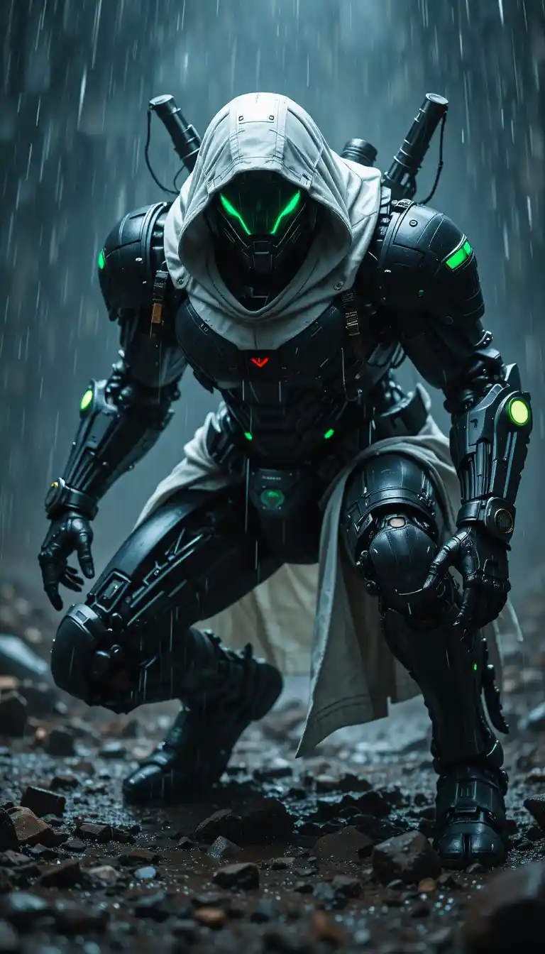 Cybernetic mecha warrior landing in cinematic heavy rain