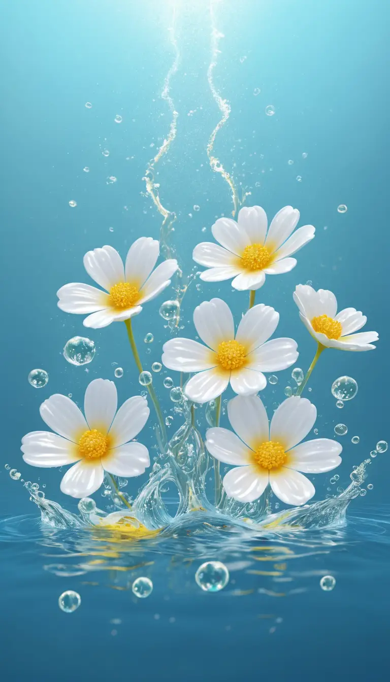 Zarte Blütenblätter, die in klarem, leuchtend blauem Wasser treiben