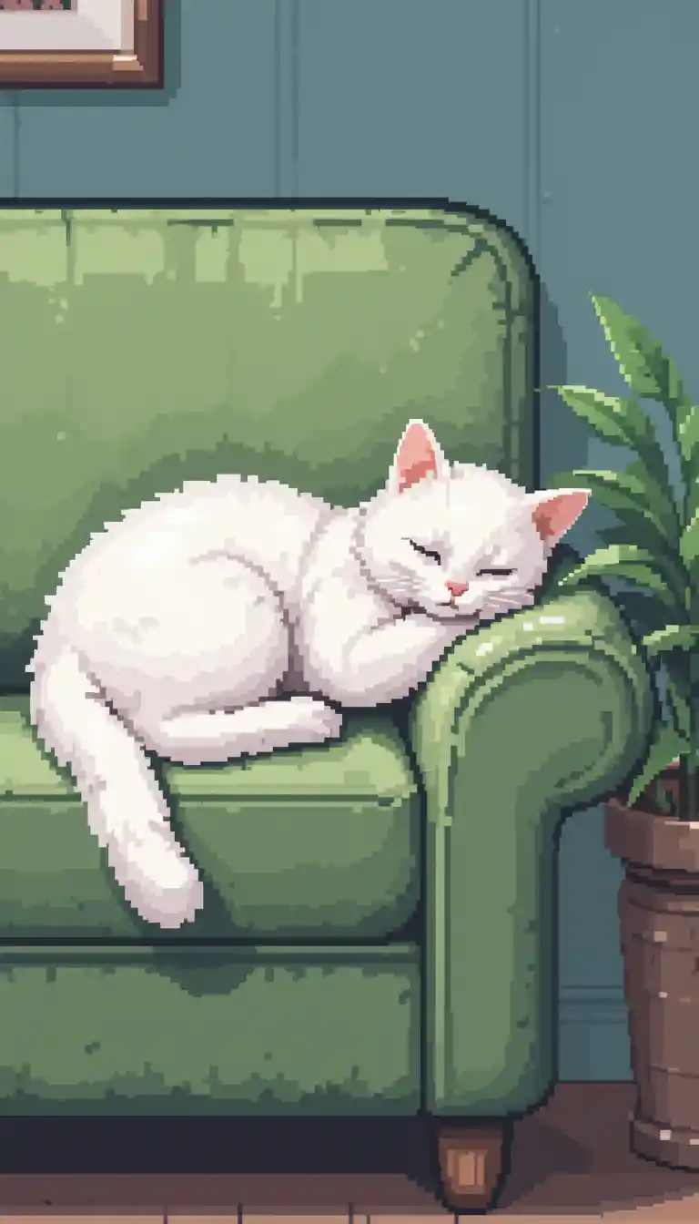 Weiße Katze schläft auf grünem Sofa im Pixelart-Stil