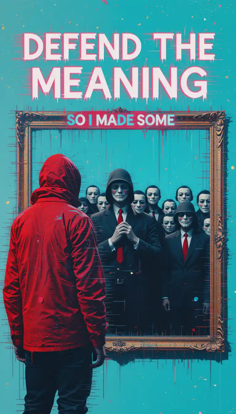 Glitch art figure in red scarf with masked crowd