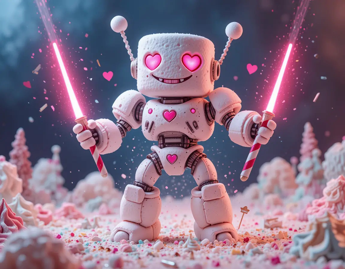 Niedlicher Marshmallow-Mecha-Roboter in einer Candy-Kampfszene