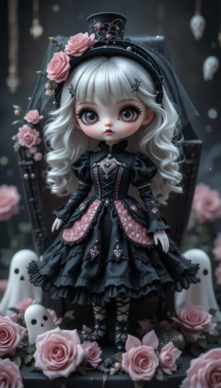 ハートの眼帯とバラをまとったゴシックドール少女