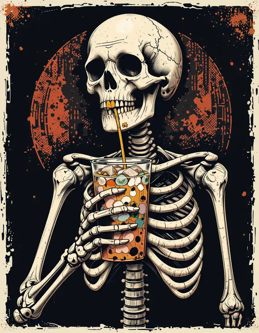 Skeleton Drinking Iced Milk Tea Vintage Grunge Illustration