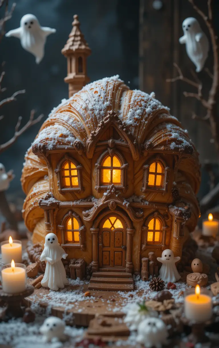 Croissant Haunted House With Ghostly Dessert Spirits