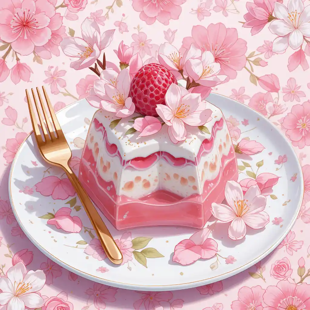 Zartes Kirschblüten-Gelee-Dessert auf weißem Teller
