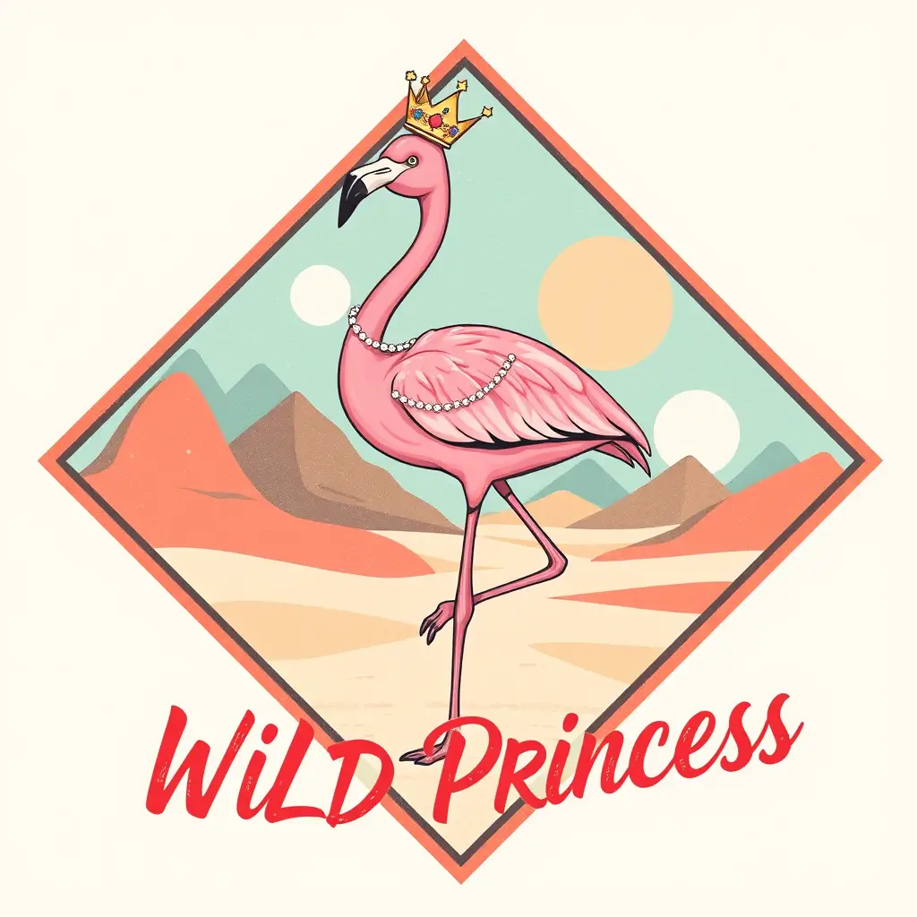 Rosa Flamingo-Prinzessin im Vintage-Geometrie-Wüstenrahmen