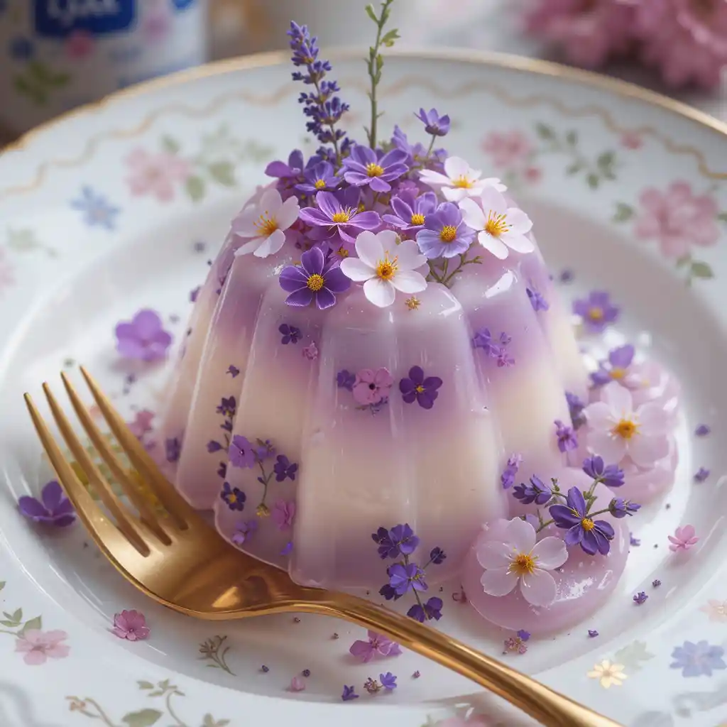 Dessert di gelatina alla lavanda con fiori su piatto bianco
