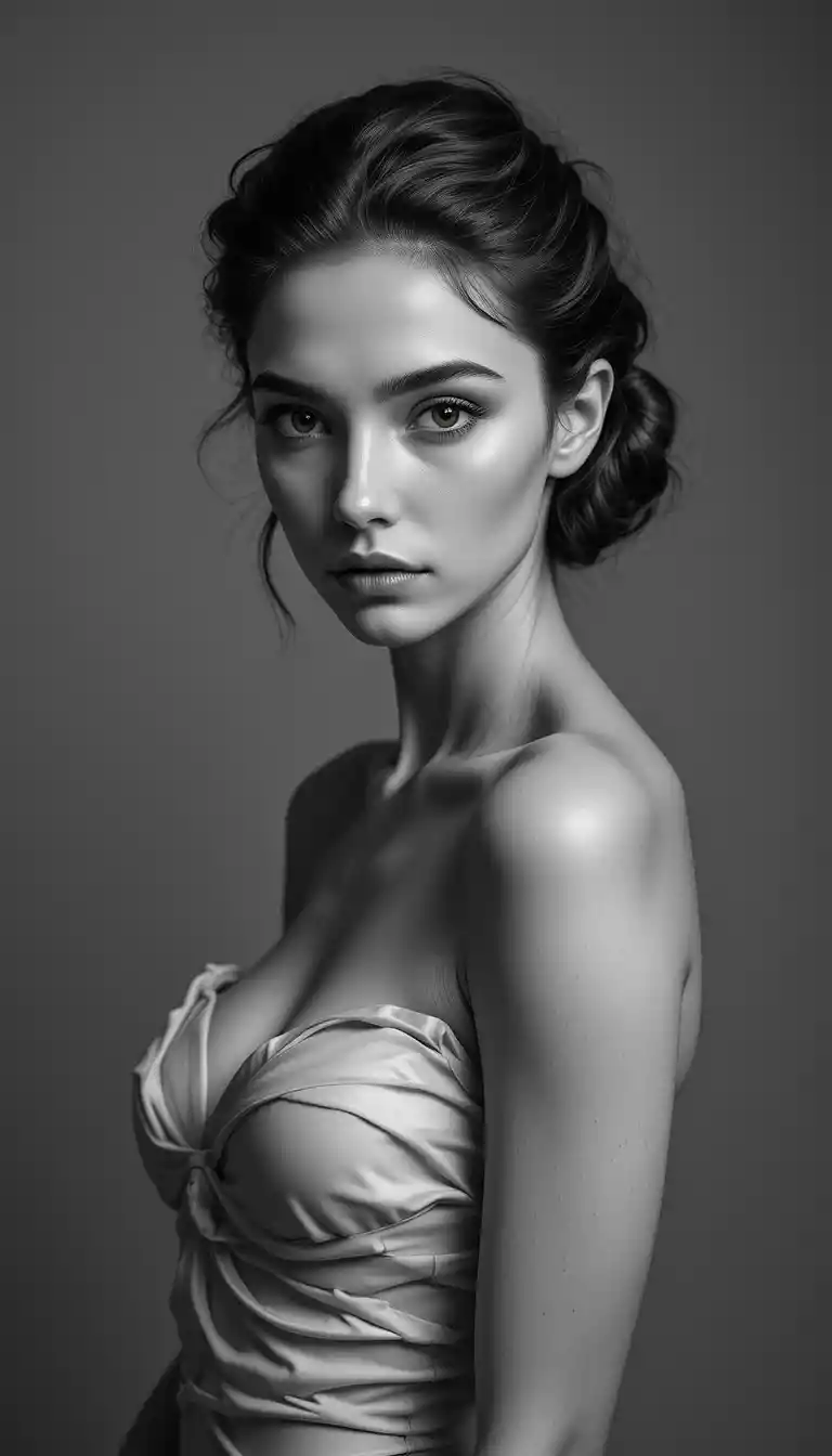 Black and white studio portrait of a confident fashion model
