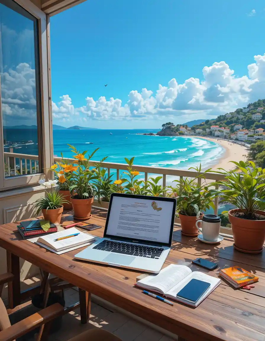 Balcony Workspace Overlooking Bright Ocean And Coastal Town