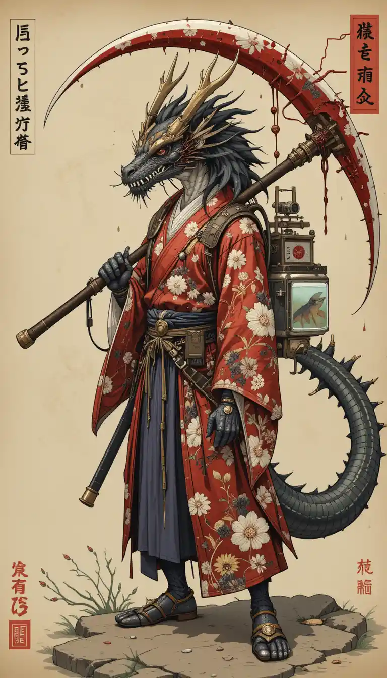穿著紅色花卉浴衣的擬人化賽博龍武士