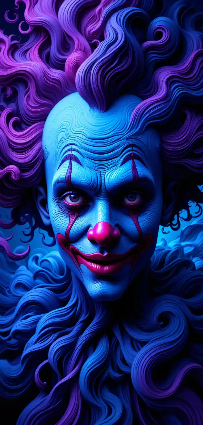Volto di clown astratto vorticoso in tonalità di blu e viola