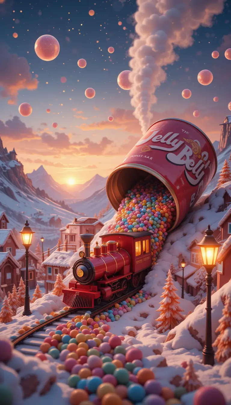Vintage red train emerging from a giant candy can