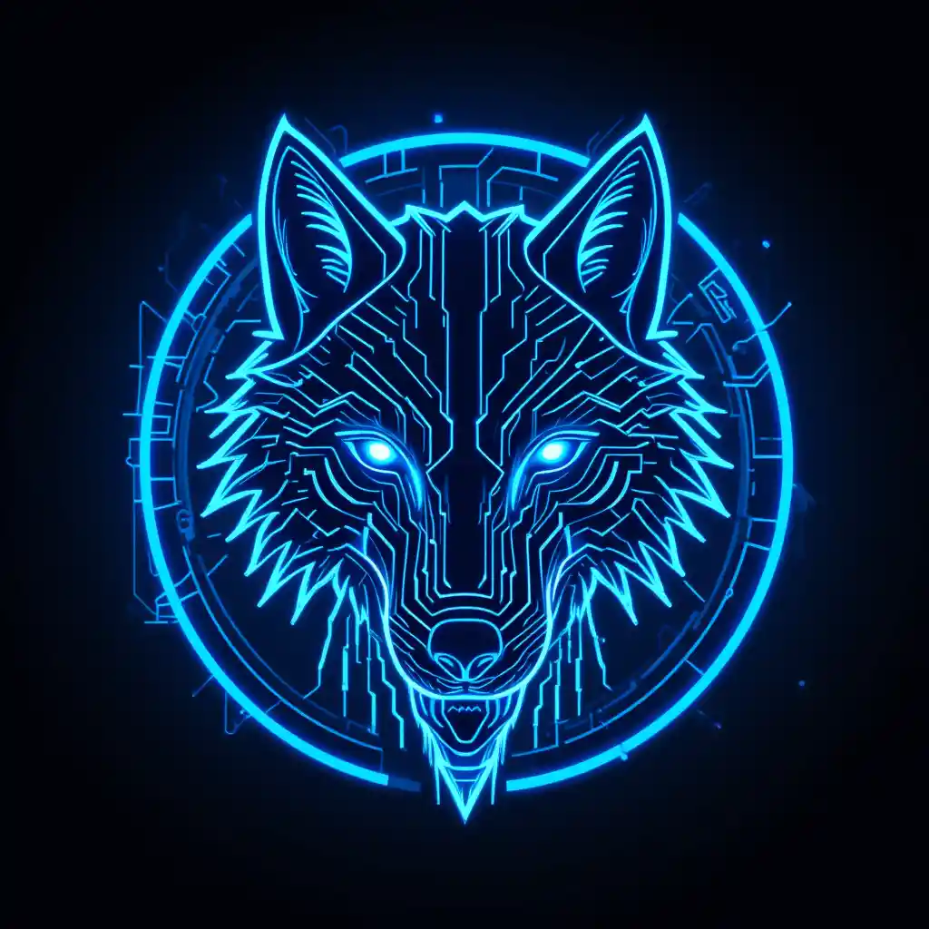 Glowing cyberpunk wolf circuit emblem on dark background