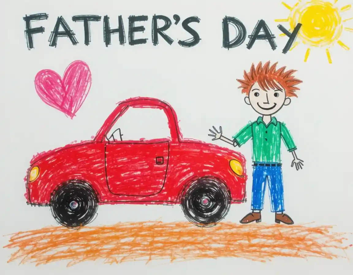 Disegno a pastello di un bambino del papà accanto a un'auto rosso brillante