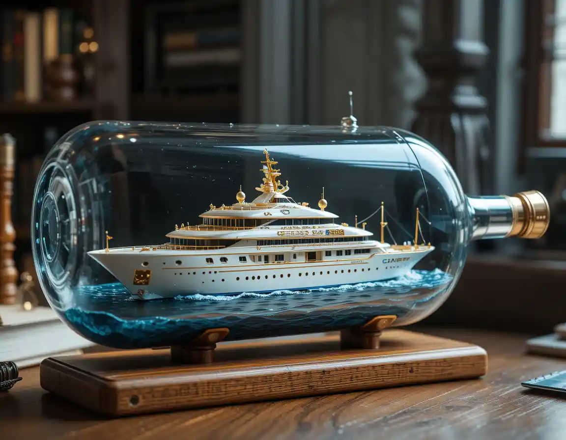 Yacht di lusso bianco e dorato in una bottiglia di vetro