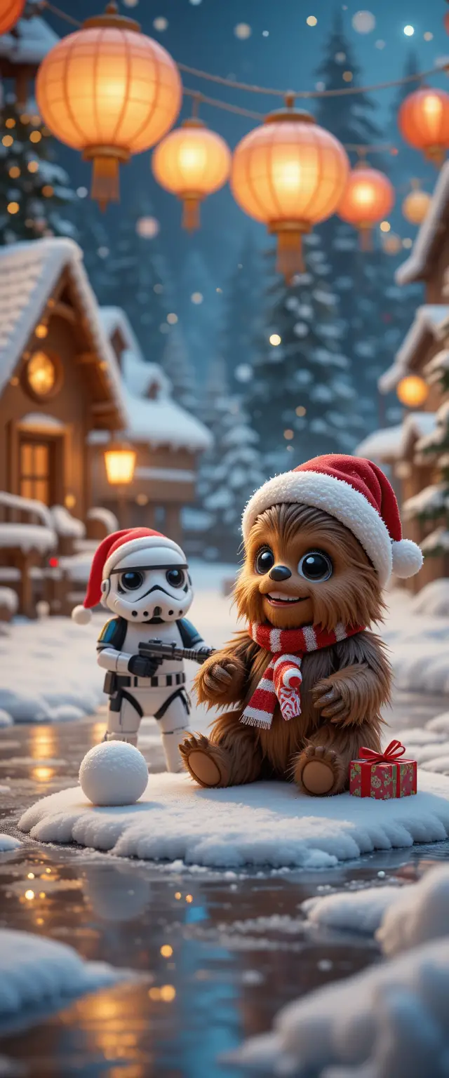 Cute fuzzy creature playing in a magical winter village