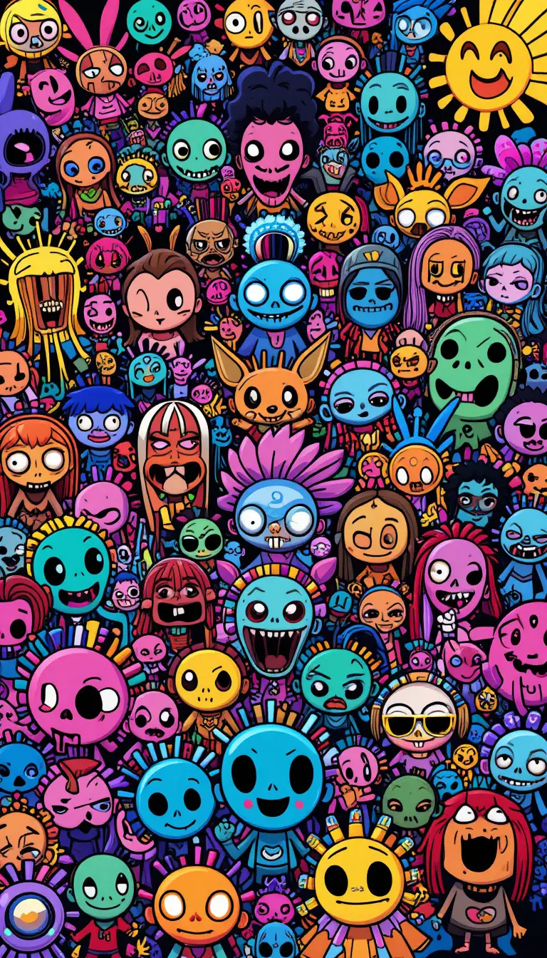 Farbenfrohe, psychedelische digitale Zeichnung mit verspielten Cartoonfiguren