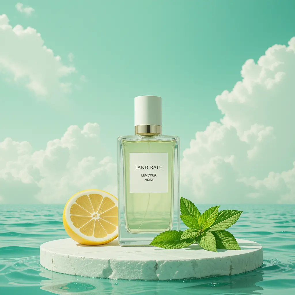 Flacone di profumo minimal con limone e menta su piattaforma d’acqua