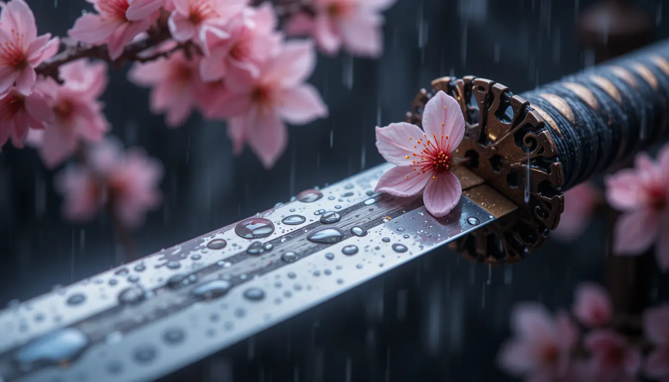 Katana-Klinge mit Kirschblüten und Frühlingsregentropfen