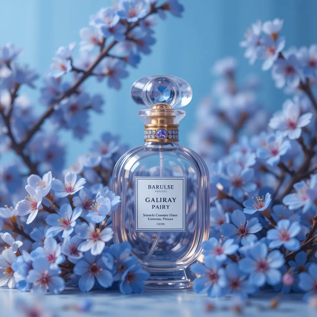 Flacone di profumo in vetro con fiori di ciliegio blu in primo piano