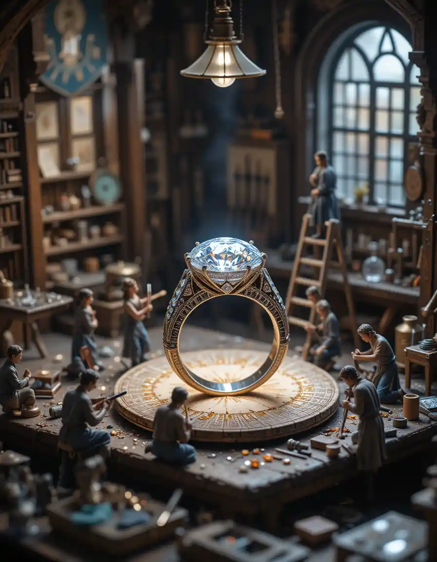 Artigiani in miniatura che realizzano un anello di diamanti in un laboratorio