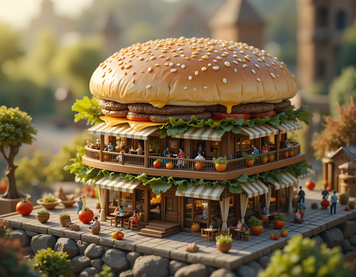 Miniatur-Caféwelt in einem riesigen Cheeseburger