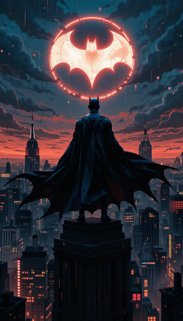 Maskierter Rächer überblickt die düstere Skyline von Gotham City