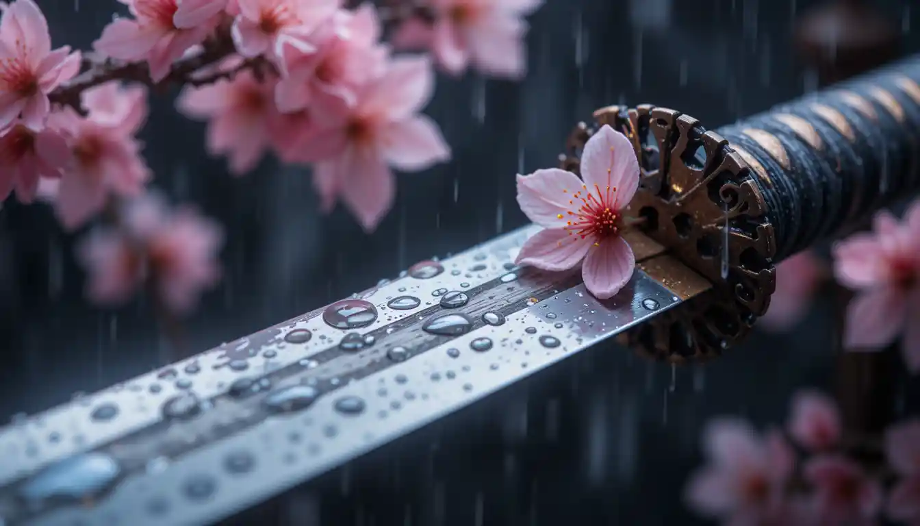 Katana-Klinge mit Kirschblüten und Frühlingsregentropfen
