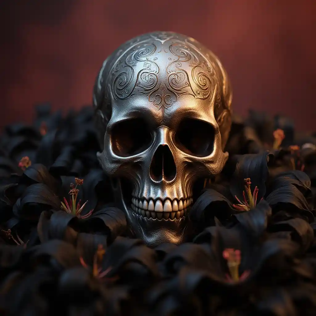 Verzierter Rosen-Schädel, umgeben von schwarzen Lilien