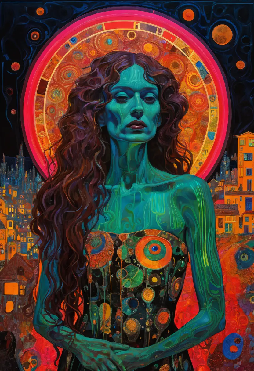 霓虹雙重曝光夜景中的迷幻女子