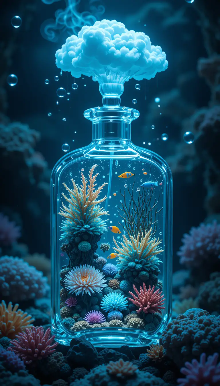 Flacone di profumo surreale pieno di vita luminosa della barriera corallina