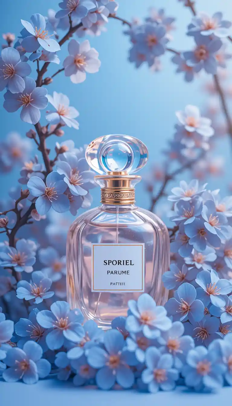 Flacone di profumo in vetro con fiori di ciliegio blu in primo piano