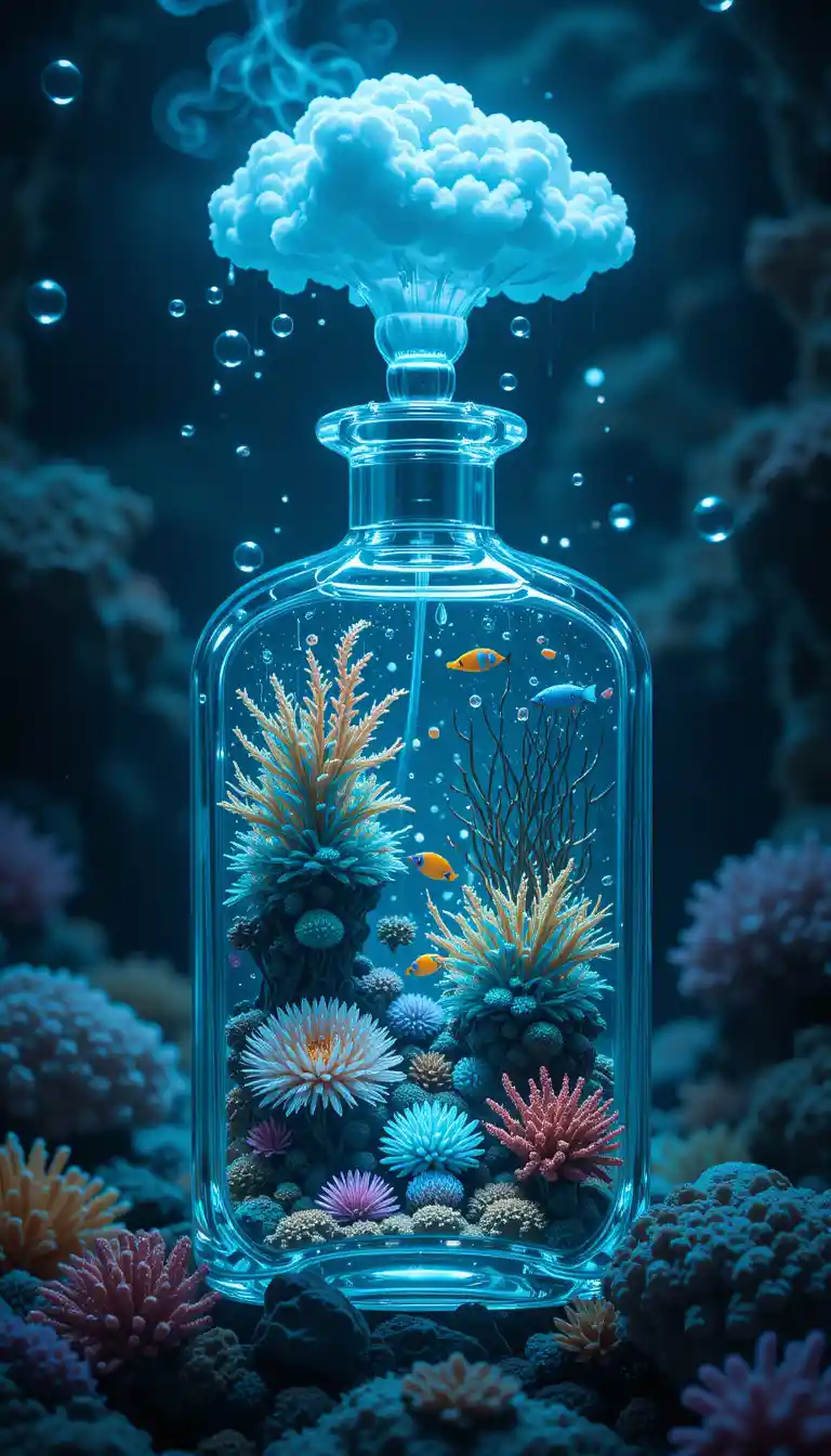 Flacone di profumo surreale pieno di vita luminosa della barriera corallina