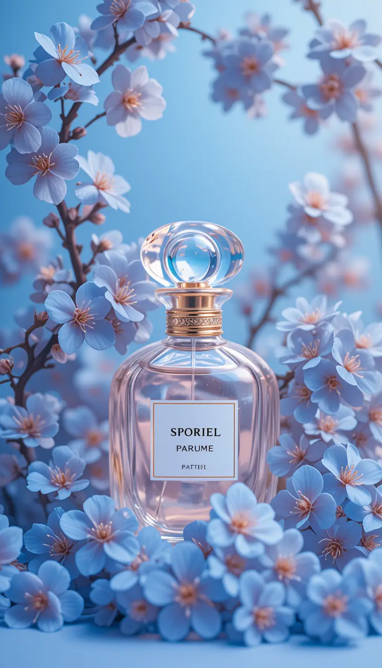 Flacone di profumo in vetro con fiori di ciliegio blu in primo piano