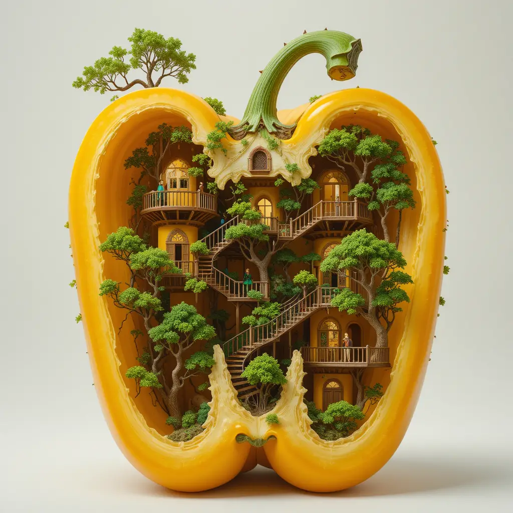 Casa sull’albero fantasy dentro di un peperone giallo tagliato a metà
