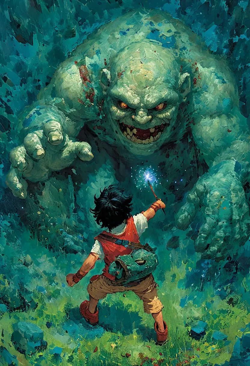 Small boy with magic wand faces a giant stone troll