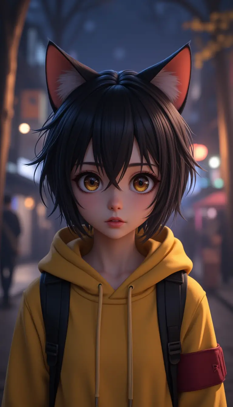 Neugieriges Anime-Katzenmädchen im gelben Hoodie im Wald